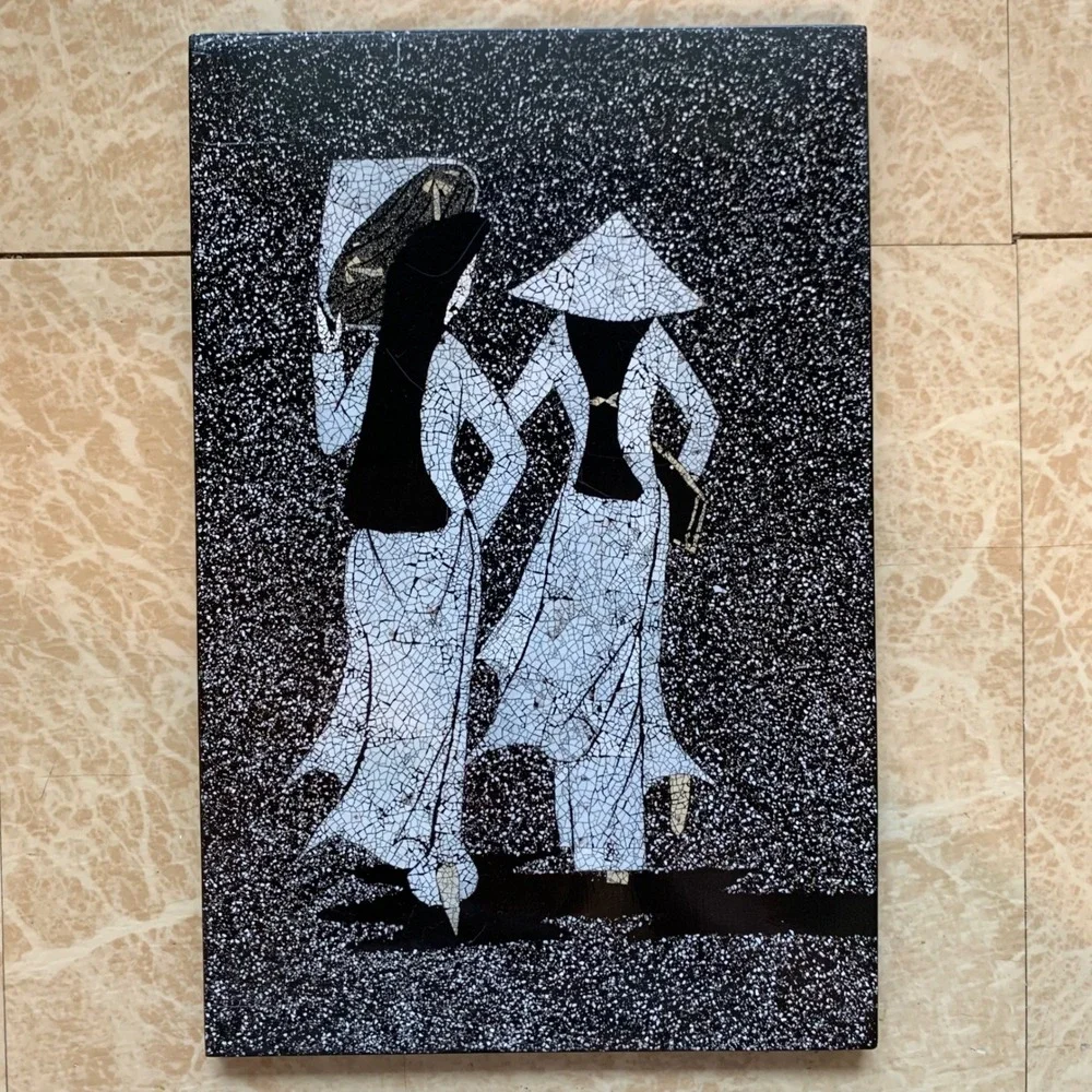 Vietnamese Lacquer Art 8x12 Eggshell Inlay Ao Dai Women Black White Minimalist